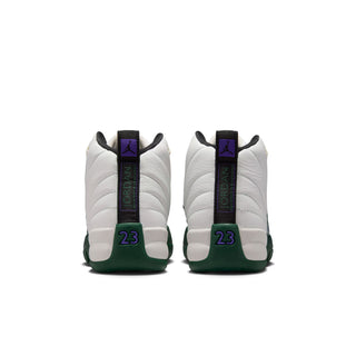 Youth high-top sneakers, white back with green heel and “23” detail on both shoes