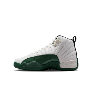 Youth high-top sneaker in white with dark green toe panel and lace-up front