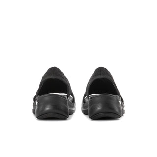 Women's Arch Fit 2.0 black sandal pair, rear view with cushioned heel and low platform