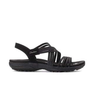 Black women's wide strap sandal with braided upper and cushioned sole