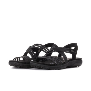 Black women's wide strap sandal, side view with crisscross straps