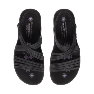 Black women's sandal footbed with decorative knit pattern and logo