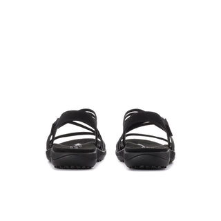 Black women's wide strap sandal, back view with adjustable ankle strap
