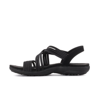Black women's wide strap sandal, angled side view with open toe