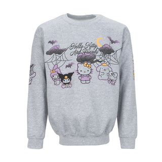 Youth heather grey crew sweatshirt with Hello Kitty Halloween Friends graphic
