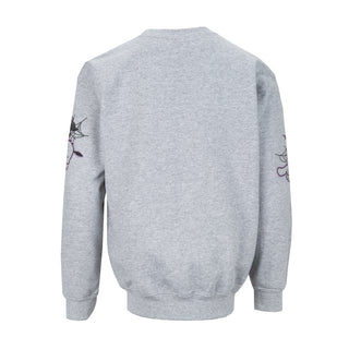 Youth heather grey crew sweatshirt, back view with small character print on sleeves