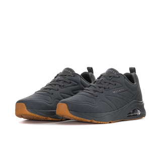 Men's dark gray lace-up sneakers with cushioned heel window and gum rubber outsole