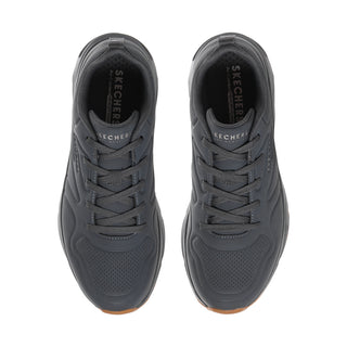 Men's dark gray lace-up sneakers, showing padded collars and mesh-lined tongue