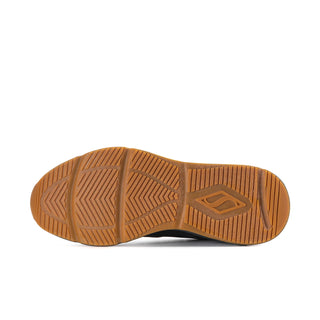 Men's dark gray sneakers outsole view with brown rubber traction tread