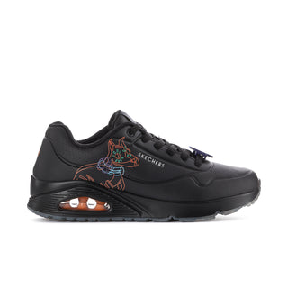 Men's black low-top sneakers with air-cushion window and orange/blue graphics