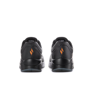 Men's black sneakers with back heel tab and orange logo detail