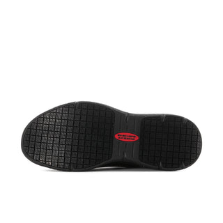 Black men's sneaker outsole with dense tread pattern and rounded toe grip