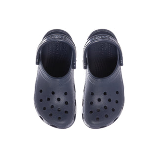 Kids navy clogs shown from top with perforated toe and closed back heel