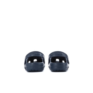 Kids navy clog heels with glossy toe openings and textured tread