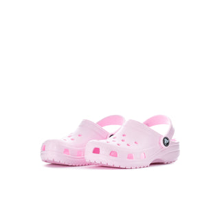 Kids' pink clogs, side view, round toe and molded ventilation holes