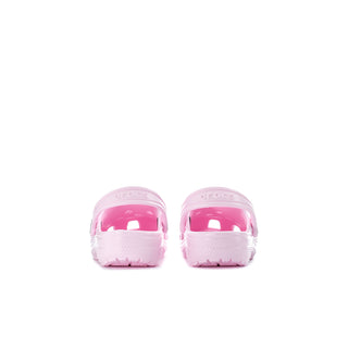 Kids' pink clogs, heel view, cushioned back and treaded sole