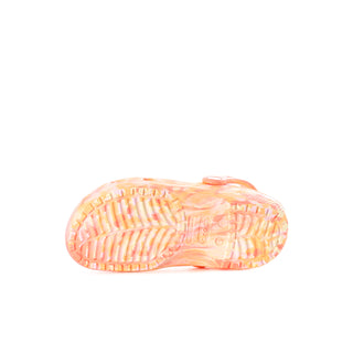 Kids' clog outsole in pink-orange marble with textured tread and molded traction pattern