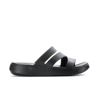 Black strappy slide sandal with wide front straps and cushioned sole.