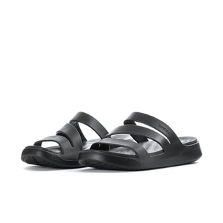 Black strappy slide sandal with two front straps and thick molded sole.