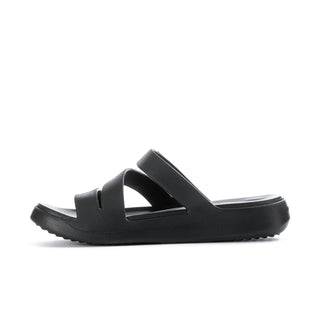 Black strappy slide sandal with single top strap and open-toe design.