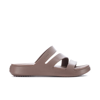 Women’s strappy sandals in truffle brown with wide cross straps and open toe