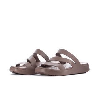 Women’s truffle brown slide sandals with wide upper straps and chunky outsole