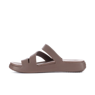 Women’s truffle brown slide sandals with V-cut straps and thick, ridged sole