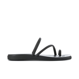 Black toe-loop slide sandal with curved strap and contoured sole.