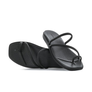 Black toe-loop slide sandal on textured footbed with two straps and open toe.