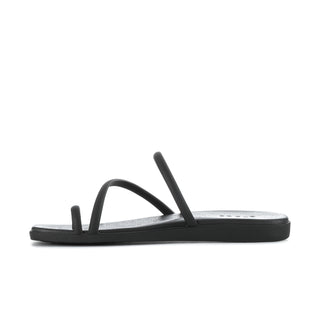 Black toe-loop slide sandal with slim thong-style strap and flat outsole.