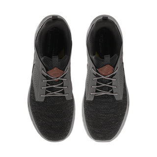 Top view of men's black knit sneakers with charcoal lace panels and brown tongue accents