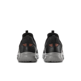 Rear view of men's sneakers with black heels, brown accents, and gray soles