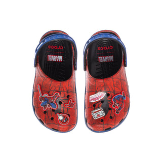 Kids clog pair showing red Spider-Man print on black-lined top and heel