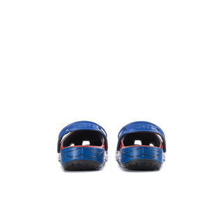 Kids clog pair with blue upper straps and black outsole, viewed from the back