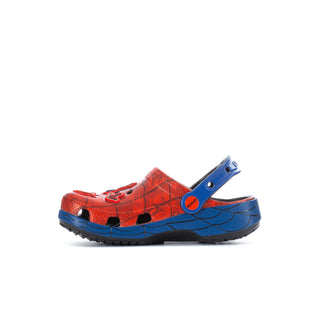 Kids clog in red and blue with Spider-Man graphic front and side strap
