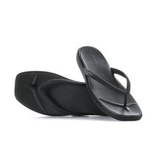 Black Crocs womens flip-flops, pair view with thong straps and contoured footbeds