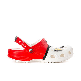 Men's red and white clog with black strap and circular logo detail