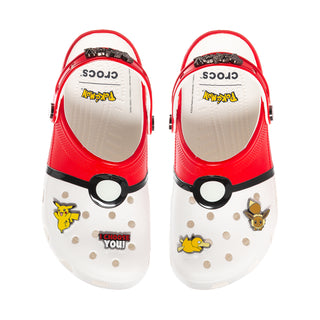 Men's red and white clogs with character graphics on the white footbed