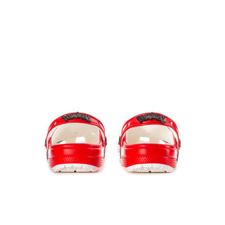 Men's red clogs with open back strap and white cushioned heel