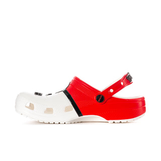 Men's red and white clog with perforated upper and black side strap