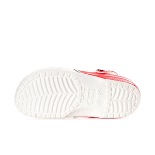 Men's red and white clog outsole with textured white tread