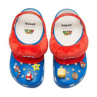 Men's red slip-on clogs with plush uppers and blue patterned holes detail