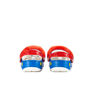 Men's red and blue clogs with glossy heel straps and white textured sole
