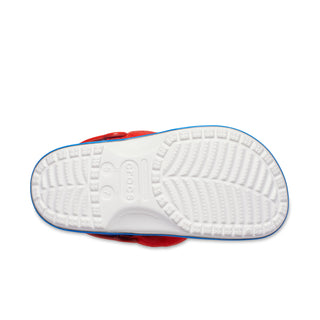 Men's clog outsole with white tread, blue edge, and red heel strap visible
