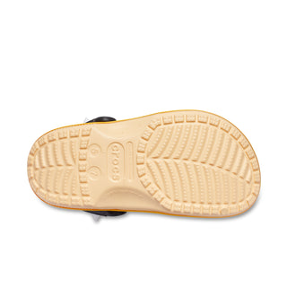 Men's clog outsole, beige traction tread; green upper with black strap.