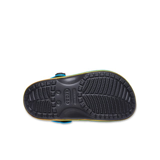 Kids clog outsole view with Crocs logo and textured grip tread
