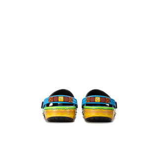 Toddler clog heels in blue with orange/green stripe trim and dark back openings