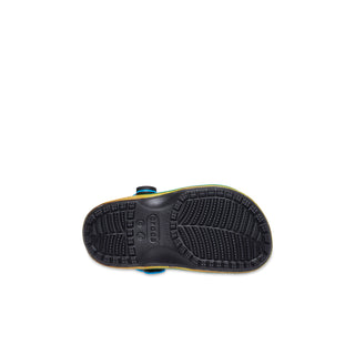 Toddler clog outsole with dark tread and blue heel accents