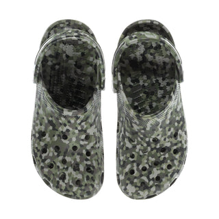 Pair of men's camo clogs, front view with ventilated holes and glossy top