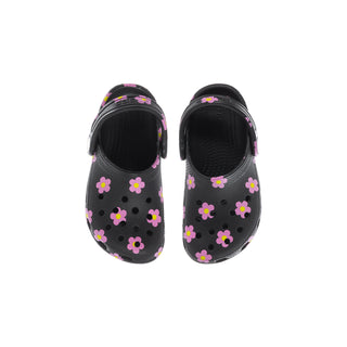Toddler black clogs with pink flower print, open slip-on back and textured holes